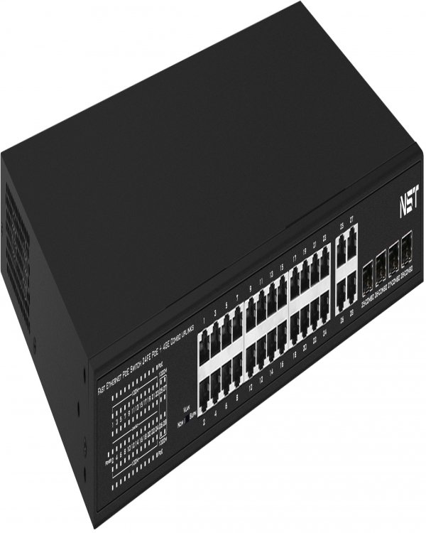 PoE коммутатор Fast Ethernet на 24 x RJ45 портов + 4 x GE Combo uplink порта - до 385W суммарная, до 30W на порт PoE коммутатор Fast Ethernet на 24 x RJ45 портов + 4 x GE Combo uplink порта - до 385W суммарная, до 30W на порт